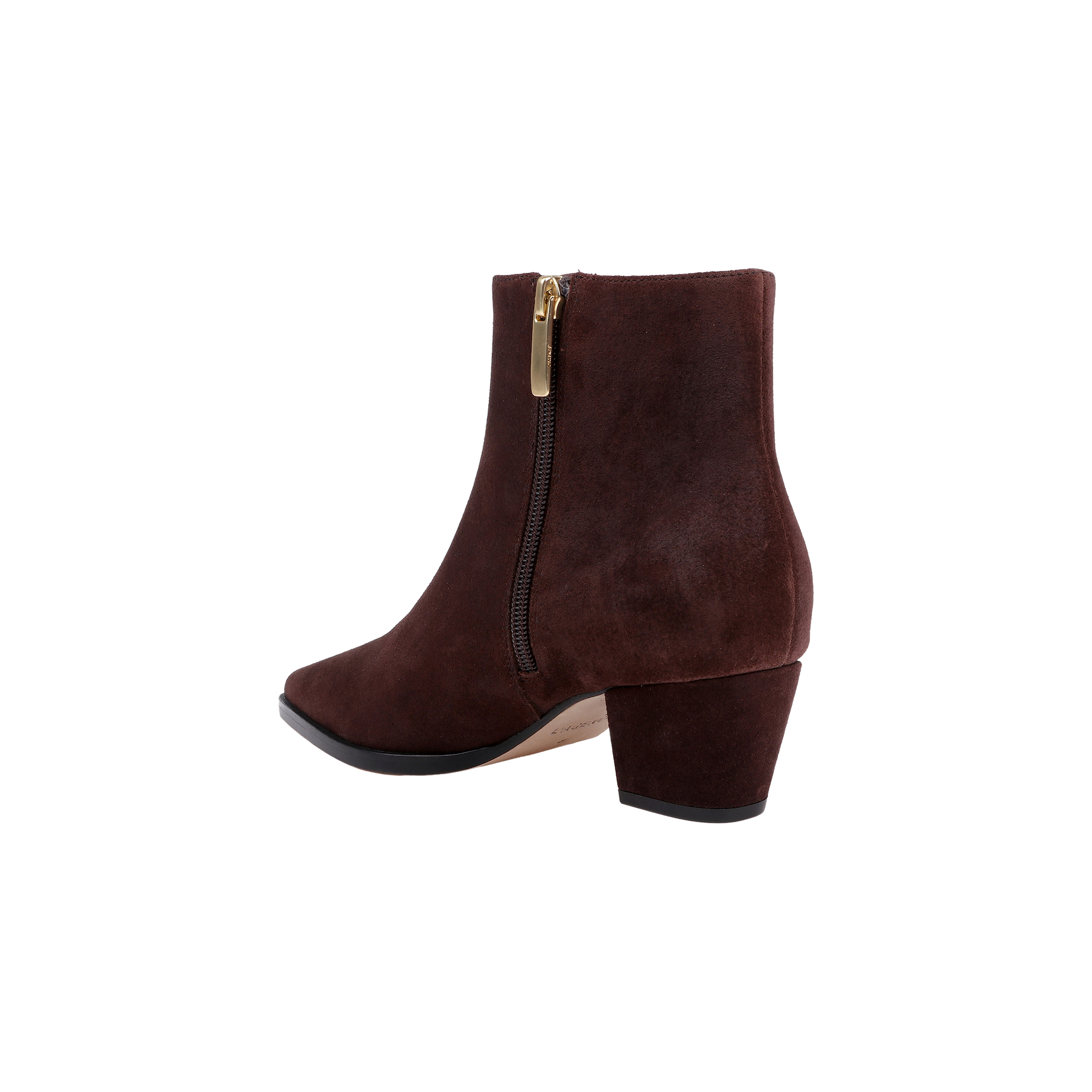 The Vesey Bootie, crafted from mahogany suede with a mid-height block heel, features a gold-pull side zipper and a slightly pointed toe. It is shown against a white background.
