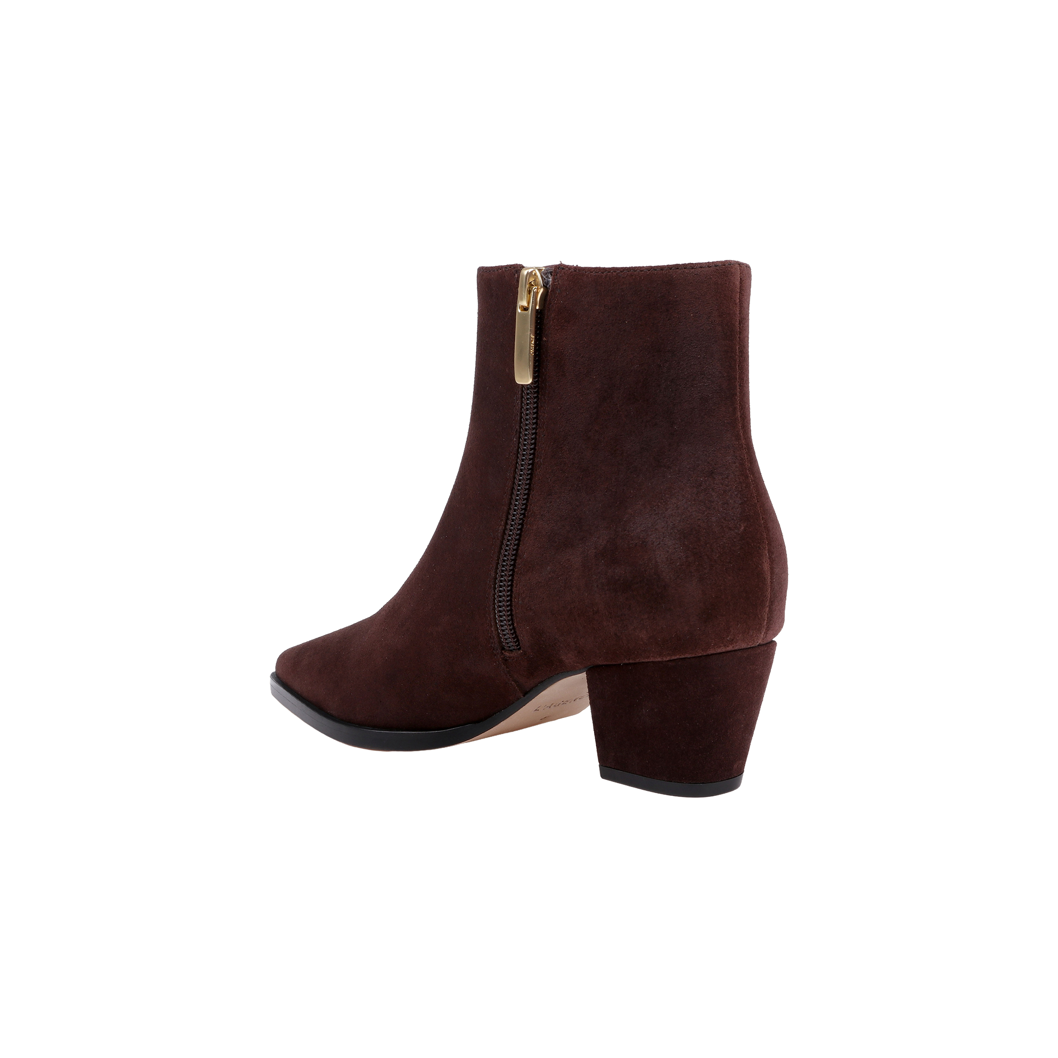 The Vesey Bootie, crafted from mahogany suede with a mid-height block heel, features a gold-pull side zipper and a slightly pointed toe. It is shown against a white background.