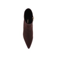 Top view of a single Vesey Bootie in mahogany suede, featuring a pointed toe and side zipper, photographed on a plain white background.