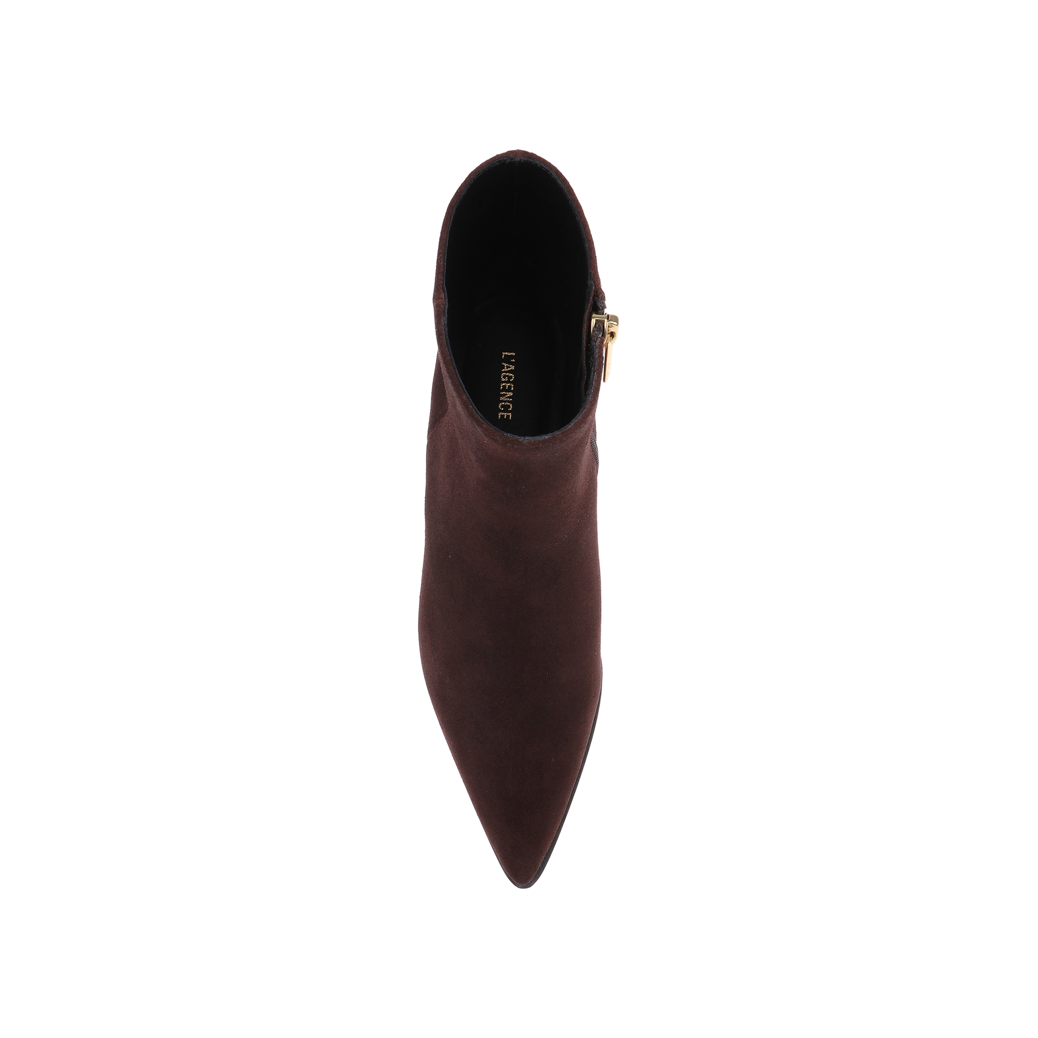 Top view of a single Vesey Bootie in mahogany suede, featuring a pointed toe and side zipper, photographed on a plain white background.