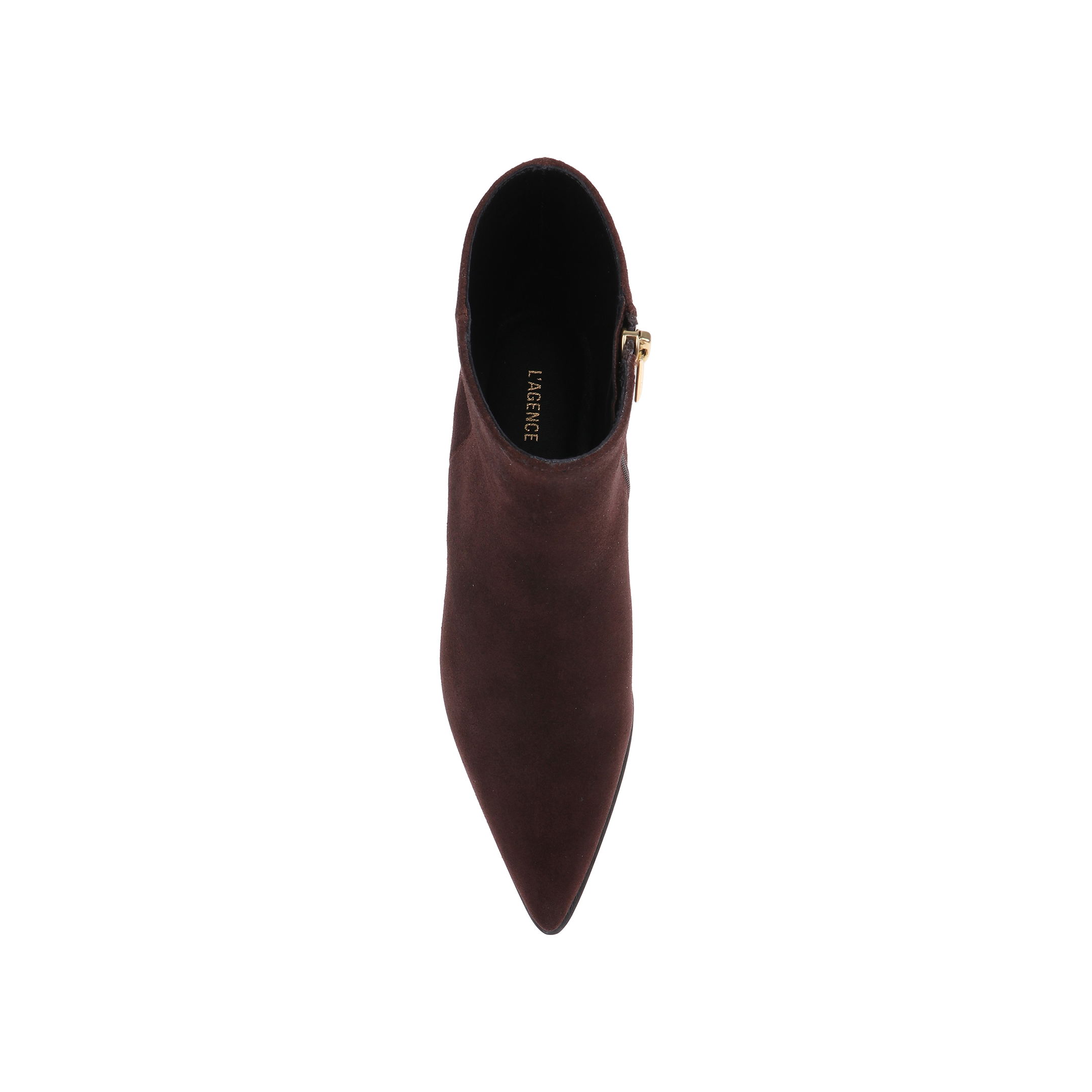 Top view of a single Vesey Bootie in mahogany suede, featuring a pointed toe and side zipper, photographed on a plain white background.