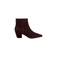 The Vesey Bootie, crafted from mahogany suede with a block heel and pointed toe, is shown in profile against a plain white background.