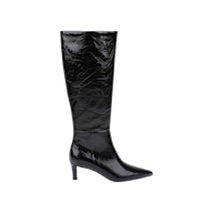 The Baxter Boot is a single black, knee-high boot featuring a pointed toe and mid-height heel, crafted from patent leather and displayed in profile against a plain white background. This comfortable and stylish boot perfectly blends elegance with modern design.
