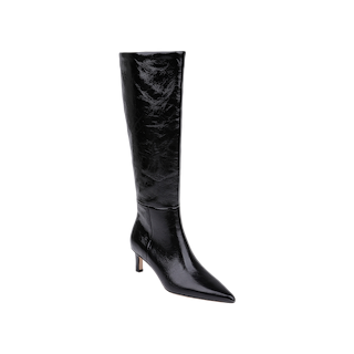 Presenting the Baxter Boot: a black, knee-high leather boot featuring a pointed toe and a slim mid-height heel. This stylish and comfortable boot is displayed against a plain white background.