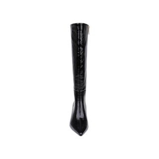 A single Baxter Boot—a tall, black, shiny patent leather boot with a pointed toe—viewed from the front against a plain white background.