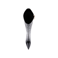Top view of a single Baxter Boot in black patent leather featuring a pointed toe and side zipper, photographed on a plain white background.