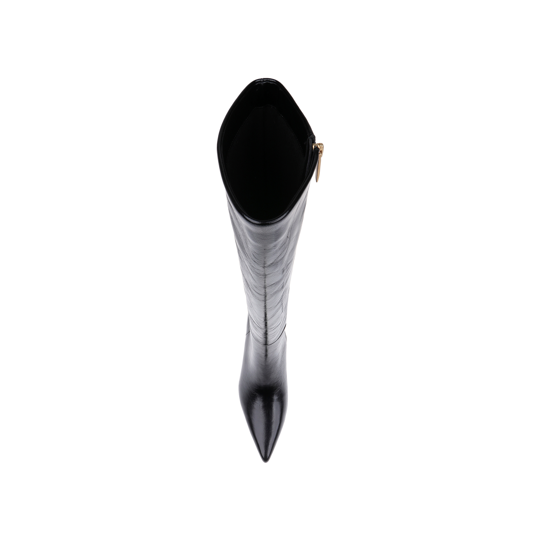Top view of a single Baxter Boot in black patent leather featuring a pointed toe and side zipper, photographed on a plain white background.