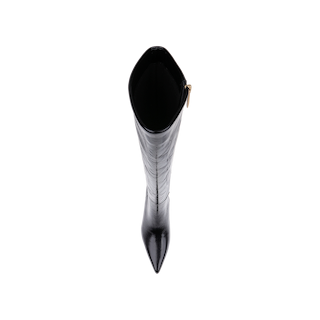 Top view of a single Baxter Boot—a comfortable, stylish knee-high boot in black leather with a pointed toe and side zipper—shown against a plain white background.