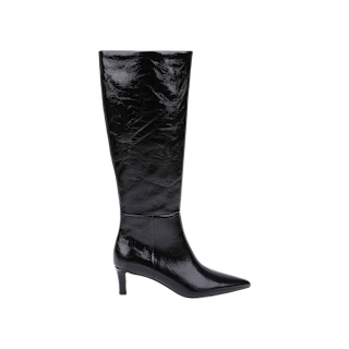 The Baxter Boot is a single black knee-high boot featuring a pointed toe and a mid-height heel, crafted from glossy patent leather and displayed against a plain white background.
