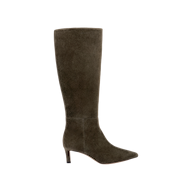 The Baxter Boot—a knee-high design in ash olive green suede—features a pointed toe and a mid-height heel, shown in profile against a plain white background. Comfortable and stylish, the Baxter Boot brings effortless elegance and versatility to any wardrobe.