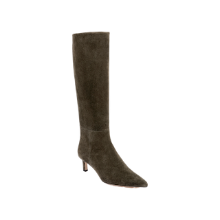 The Baxter Boot is a tall, dark brown suede knee-high boot featuring a pointed toe and low stiletto heel, offering both comfort and style as it is displayed on a white background.