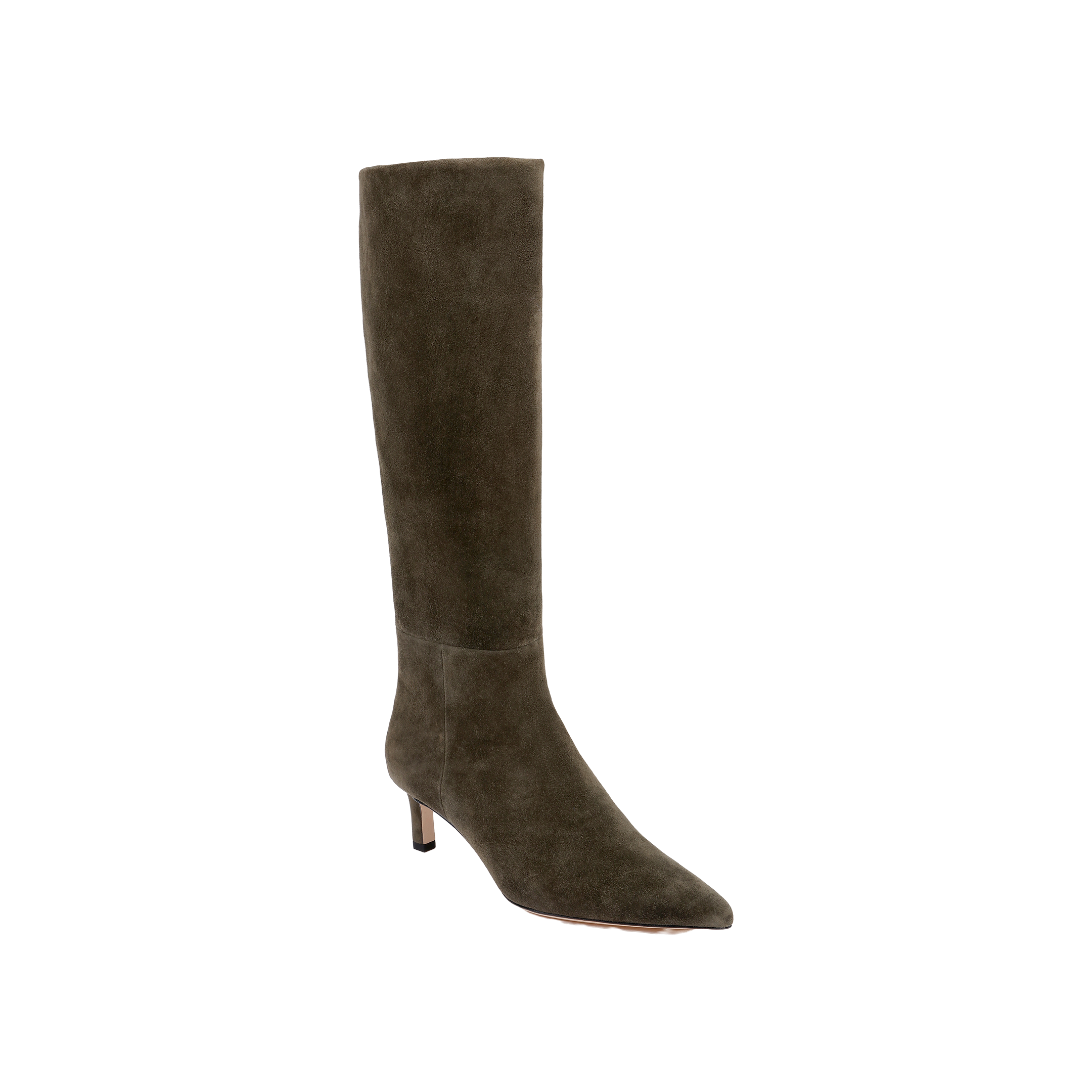 The Baxter Boot is a tall, dark brown suede knee-high boot featuring a pointed toe and low stiletto heel, offering both comfort and style as it is displayed on a white background.