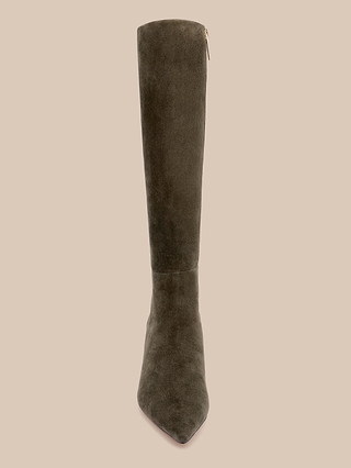Front view of the Baxter Boot, a tall knee-high boot with a pointed toe, crafted from ash olive green suede and featuring a side zipper, displayed against a plain beige background.