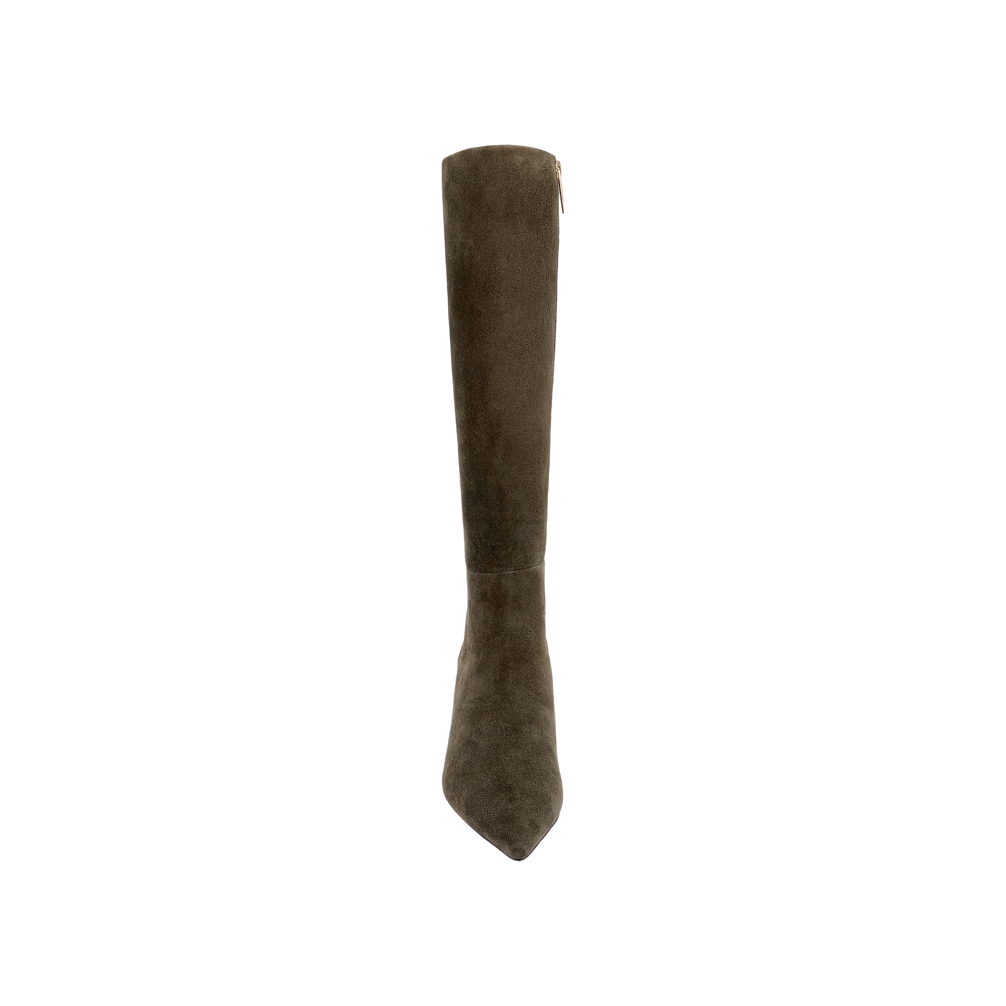 The Baxter Boot is a tall, ash olive green suede knee-high boot shown from the front against a white background, featuring a pointed toe and side zipper for a comfortable, stylish look.