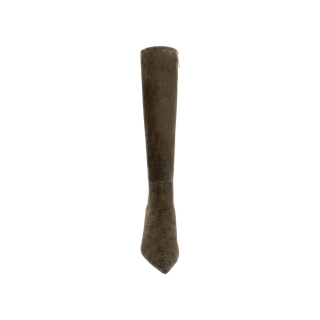 The Baxter Boot is a tall, ash olive green suede knee-high boot shown from the front against a white background, featuring a pointed toe and side zipper for a comfortable, stylish look.
