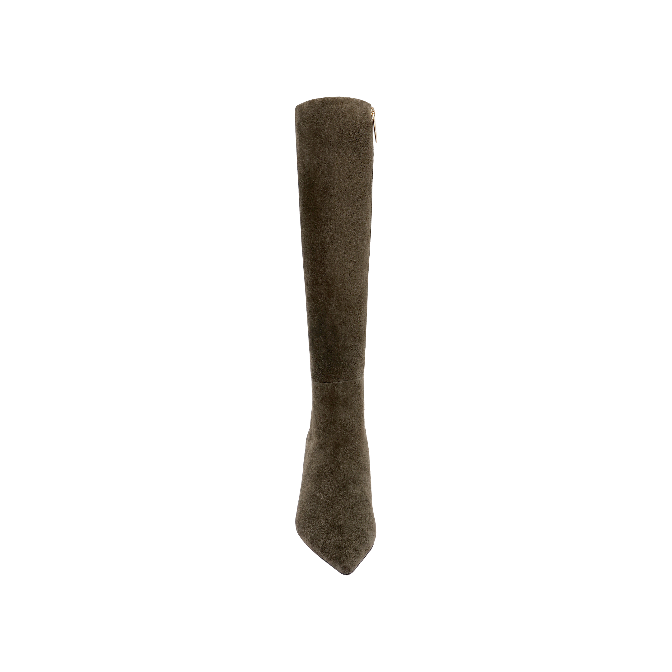 The Baxter Boot is a tall, ash olive green suede knee-high boot shown from the front against a white background, featuring a pointed toe and side zipper for a comfortable, stylish look.