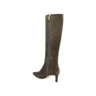 Introducing the Baxter Boot: a single, comfortable and stylish knee-high boot crafted from ash olive green suede, featuring a pointed toe, mid-height heel, and convenient side zipper. Shown against a plain white background.
