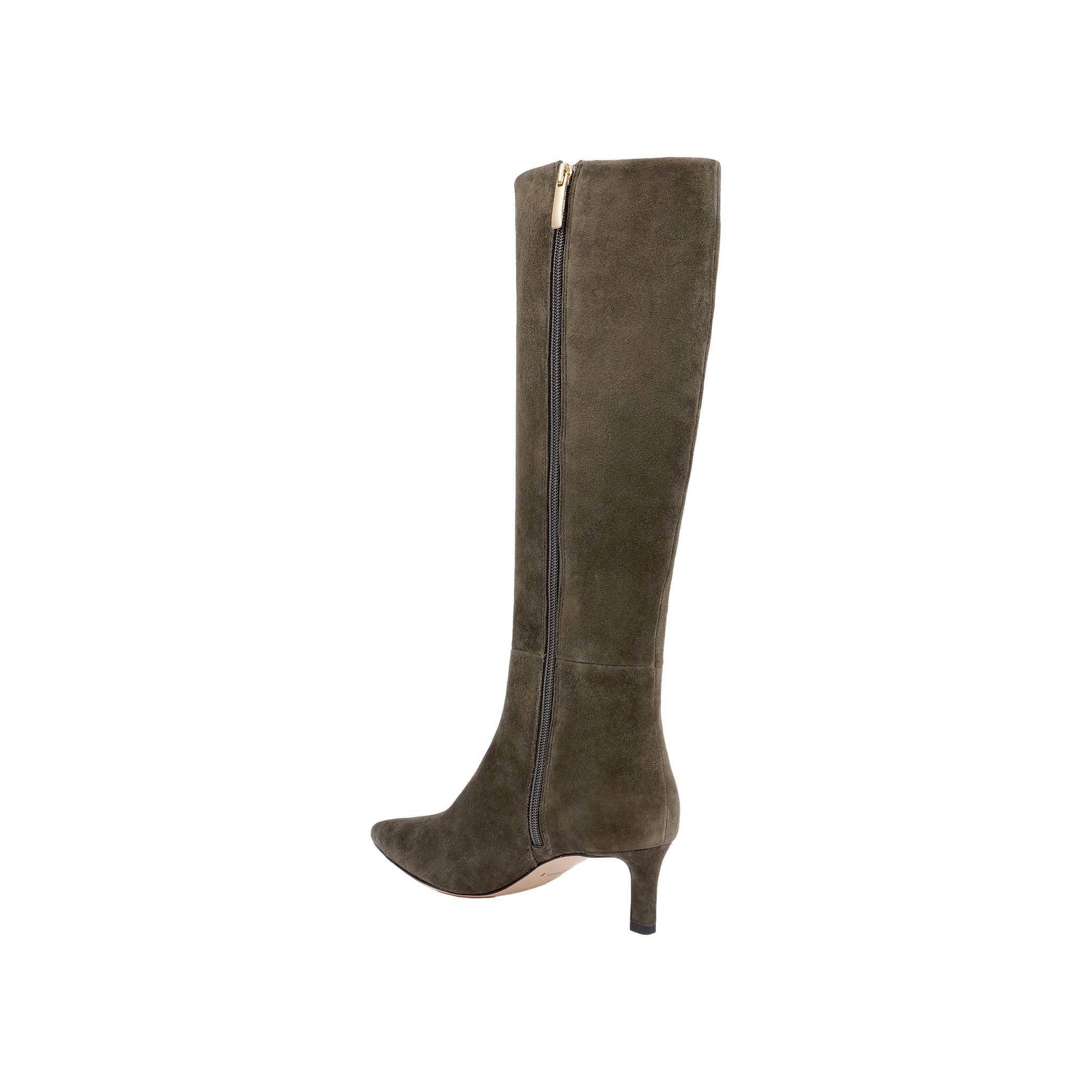 Introducing the Baxter Boot: a single, comfortable and stylish knee-high boot crafted from ash olive green suede, featuring a pointed toe, mid-height heel, and convenient side zipper. Shown against a plain white background.