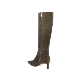Introducing the Baxter Boot: a single, comfortable and stylish knee-high boot crafted from ash olive green suede, featuring a pointed toe, mid-height heel, and convenient side zipper. Shown against a plain white background.
