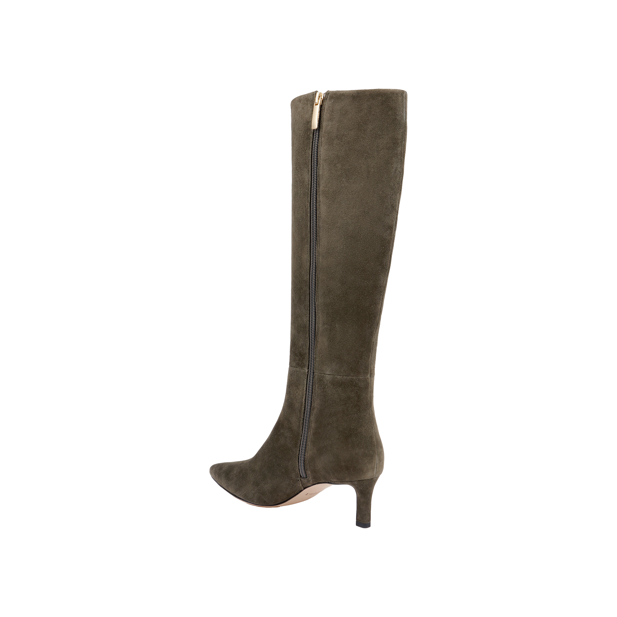 Introducing the Baxter Boot: a single, comfortable and stylish knee-high boot crafted from ash olive green suede, featuring a pointed toe, mid-height heel, and convenient side zipper. Shown against a plain white background.
