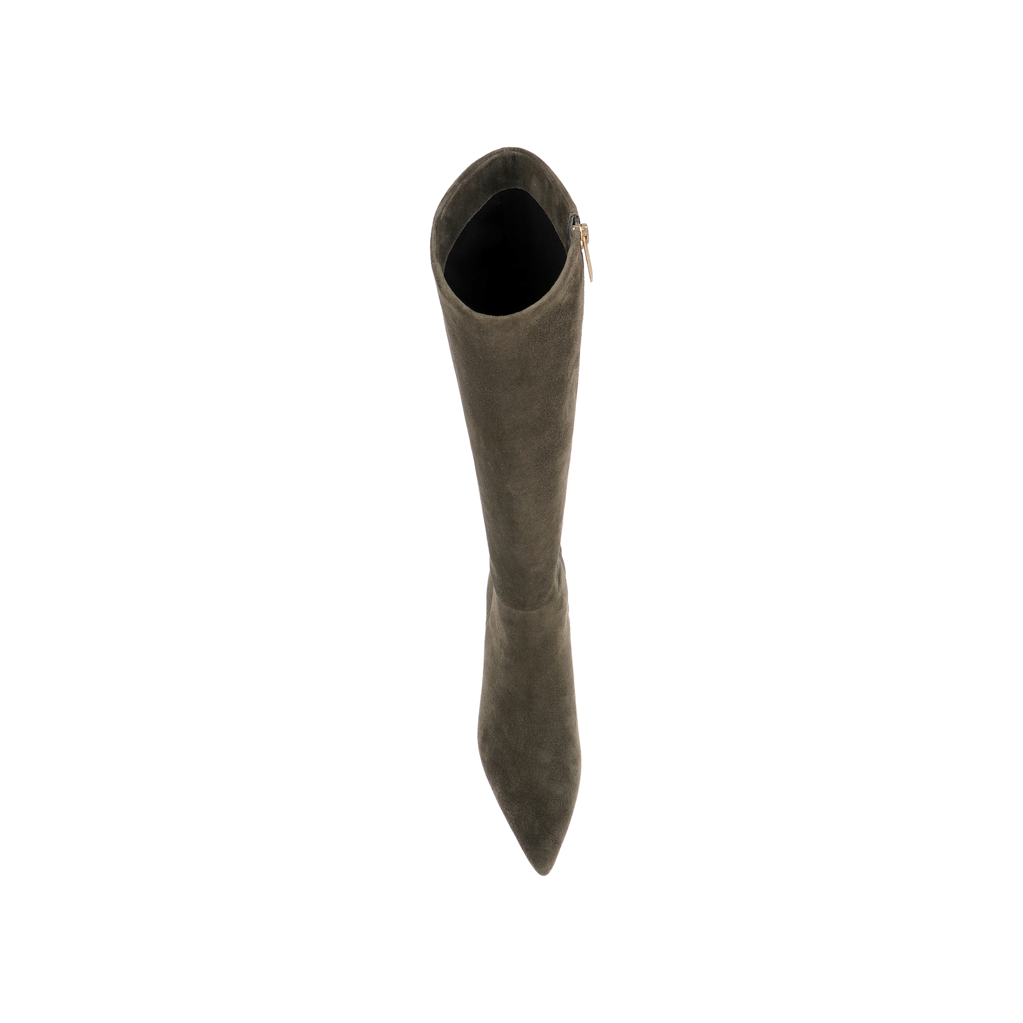 Top view of a single Baxter Boot in ash olive green suede, featuring a pointed toe and side zipper for a comfortable, stylish knee-high boot silhouette on a plain white background.