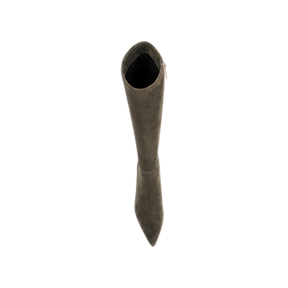 Top view of a single Baxter Boot in ash olive green suede, featuring a pointed toe and side zipper for a comfortable, stylish knee-high boot silhouette on a plain white background.