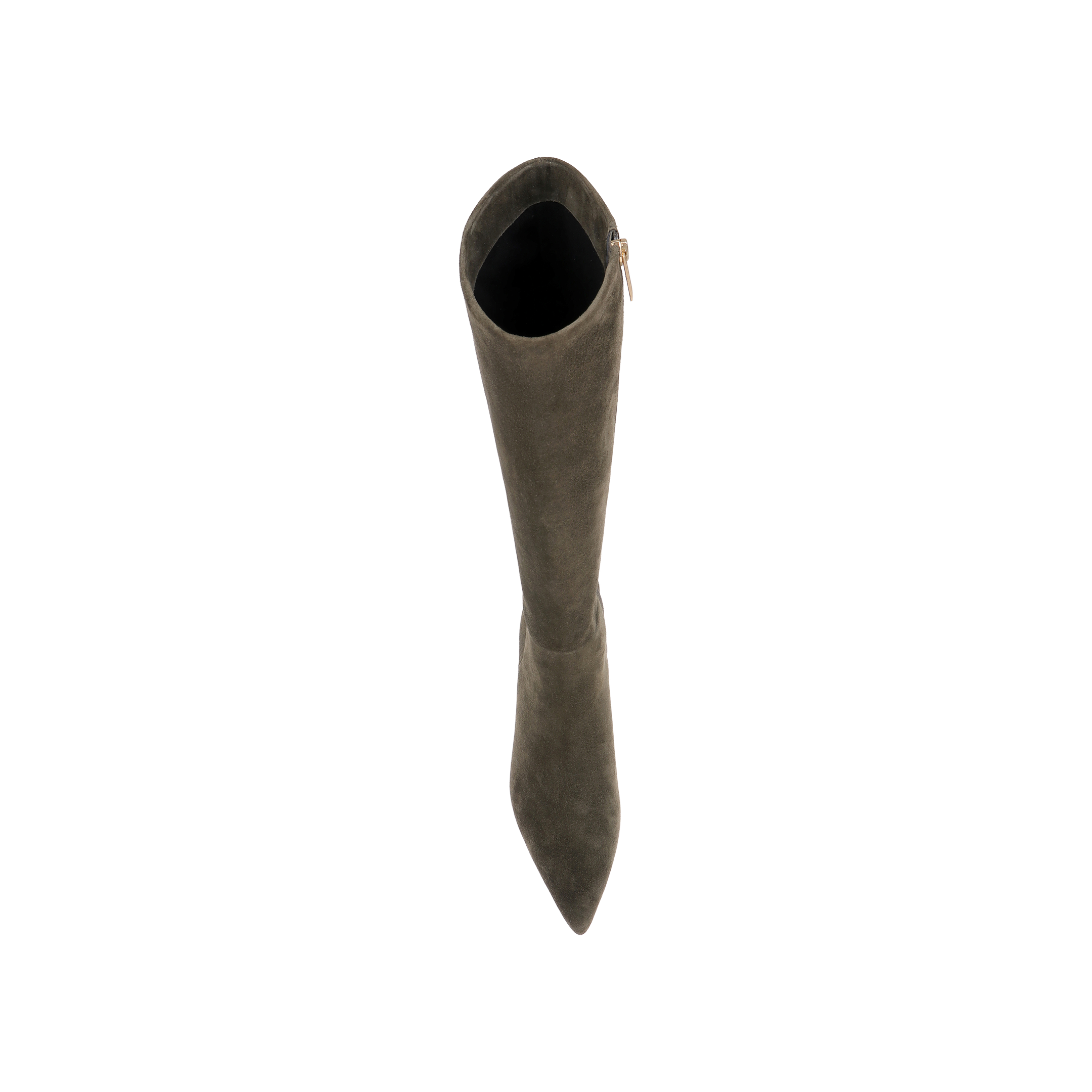 Top view of a single Baxter Boot in ash olive green suede, featuring a pointed toe and side zipper for a comfortable, stylish knee-high boot silhouette on a plain white background.