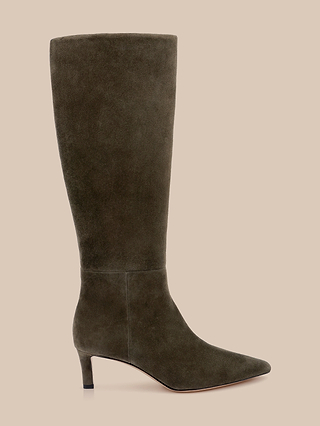 The Baxter Boot is a single, stylish knee-high boot crafted from dark ash olive green suede, featuring a pointed toe and a low heel, displayed on a light beige background.