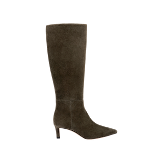 The Baxter Boot, a knee-high style crafted from ash olive green suede with a pointed toe and mid-height slim heel, is shown against a plain white background—a comfortable and stylish choice for elevating any outfit.
