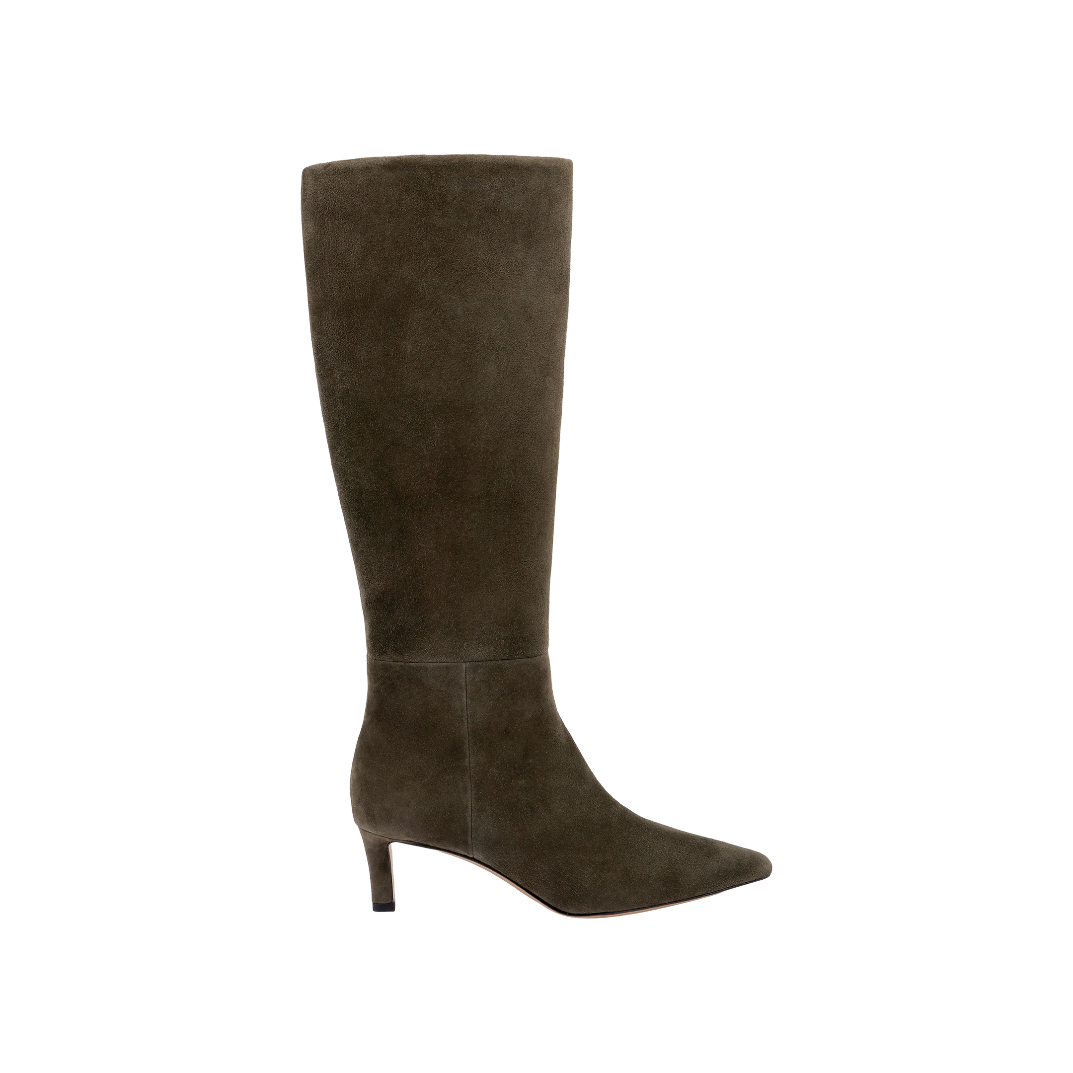 The Baxter Boot, a knee-high style crafted from ash olive green suede with a pointed toe and mid-height slim heel, is shown against a plain white background—a comfortable and stylish choice for elevating any outfit.