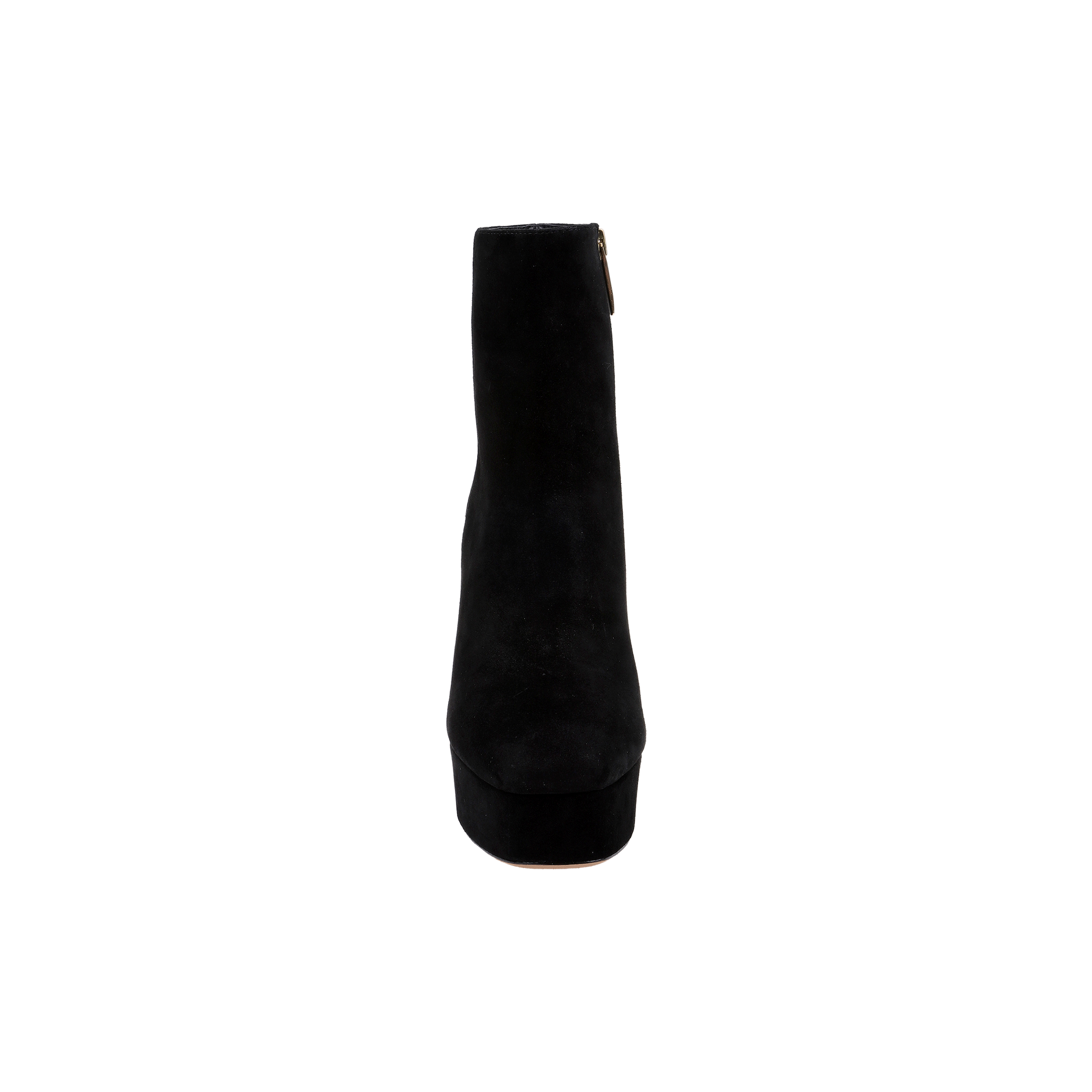 The Soho Bootie is displayed from the front against a plain white background, showcasing its black suede design, chunky platform block heel, and side zipper.