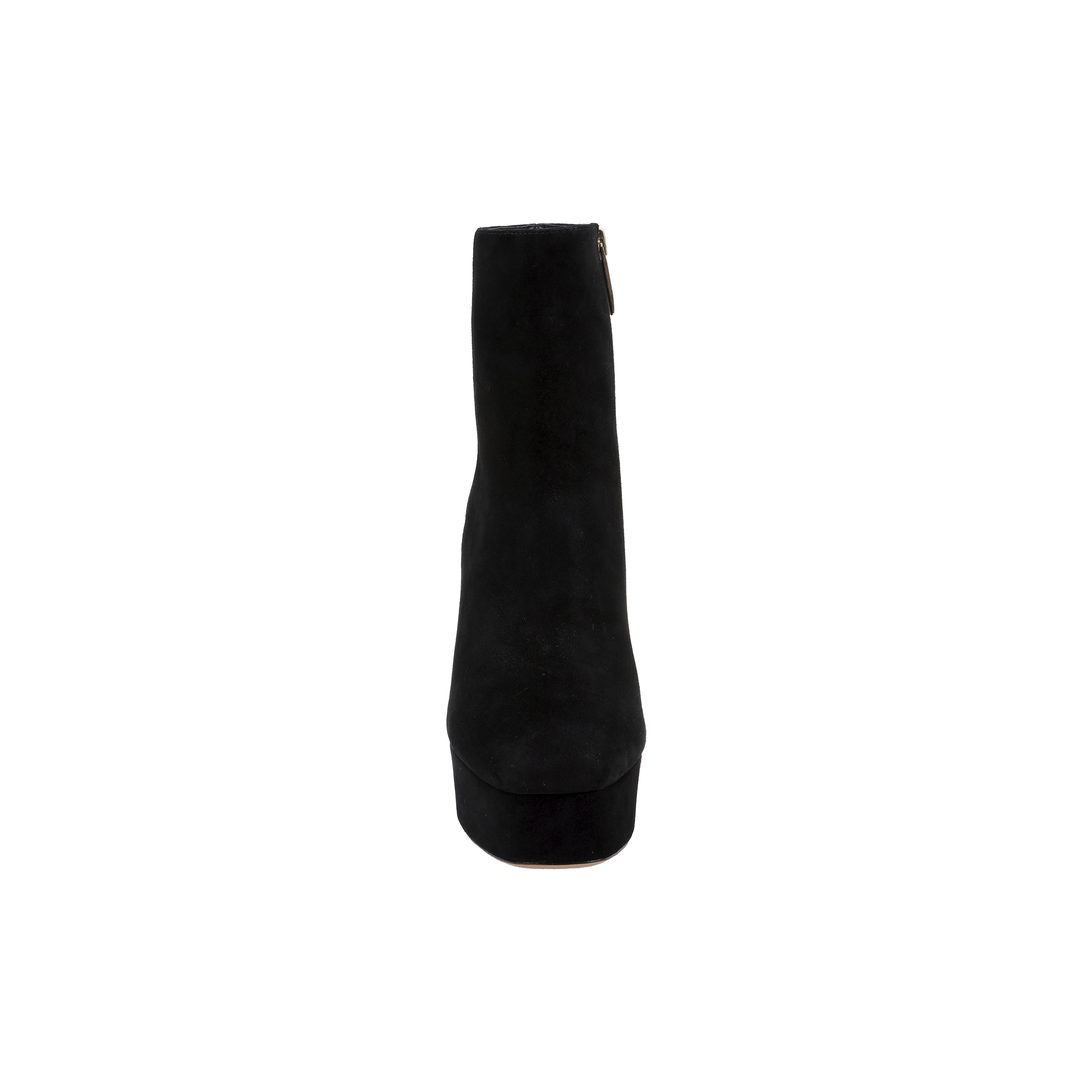 The Soho Bootie is displayed from the front against a plain white background, showcasing its black suede design, chunky platform block heel, and side zipper.