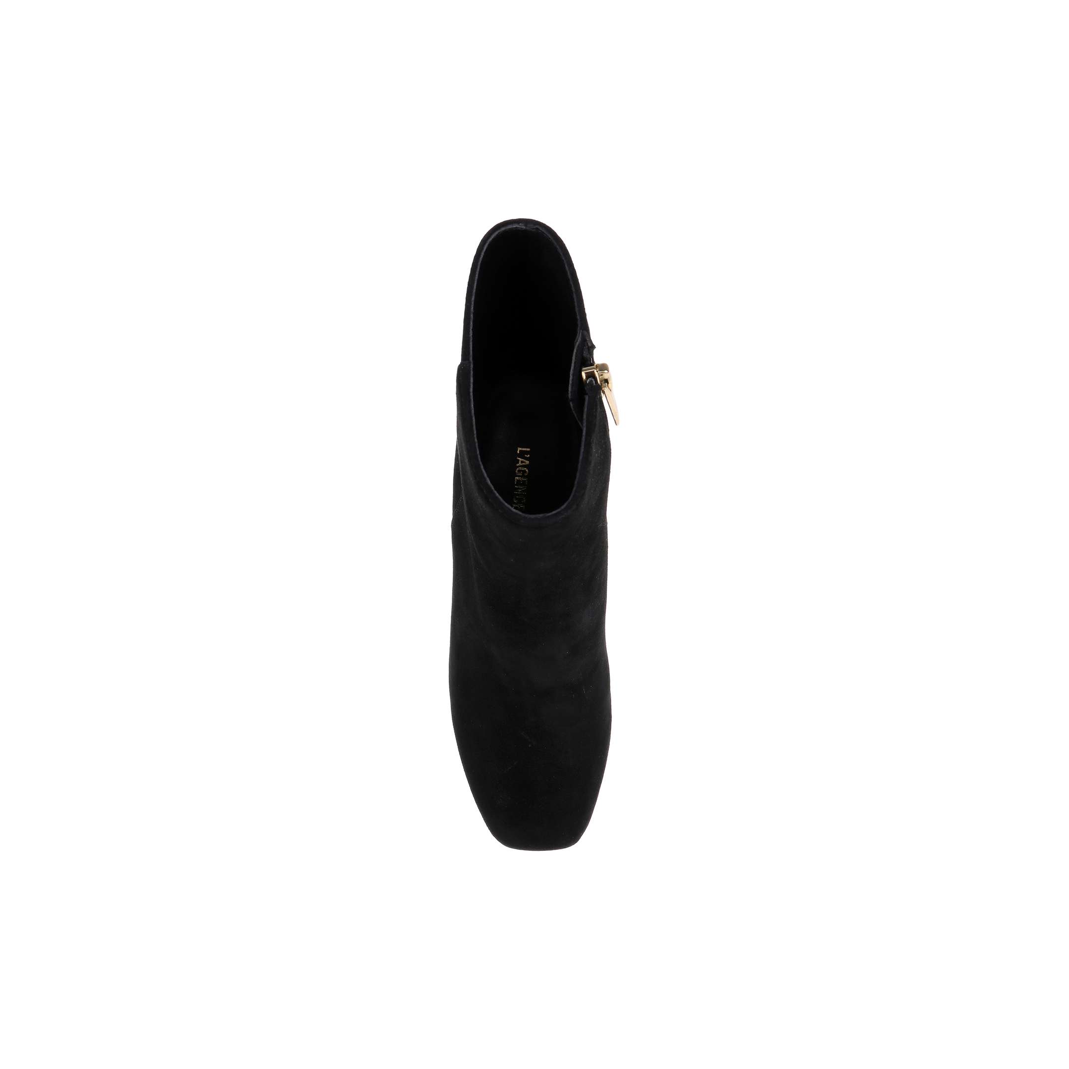 Top-down view of the Soho Bootie—a single black suede bootie featuring a gold side zipper and a platform block heel—displayed against a plain white background.