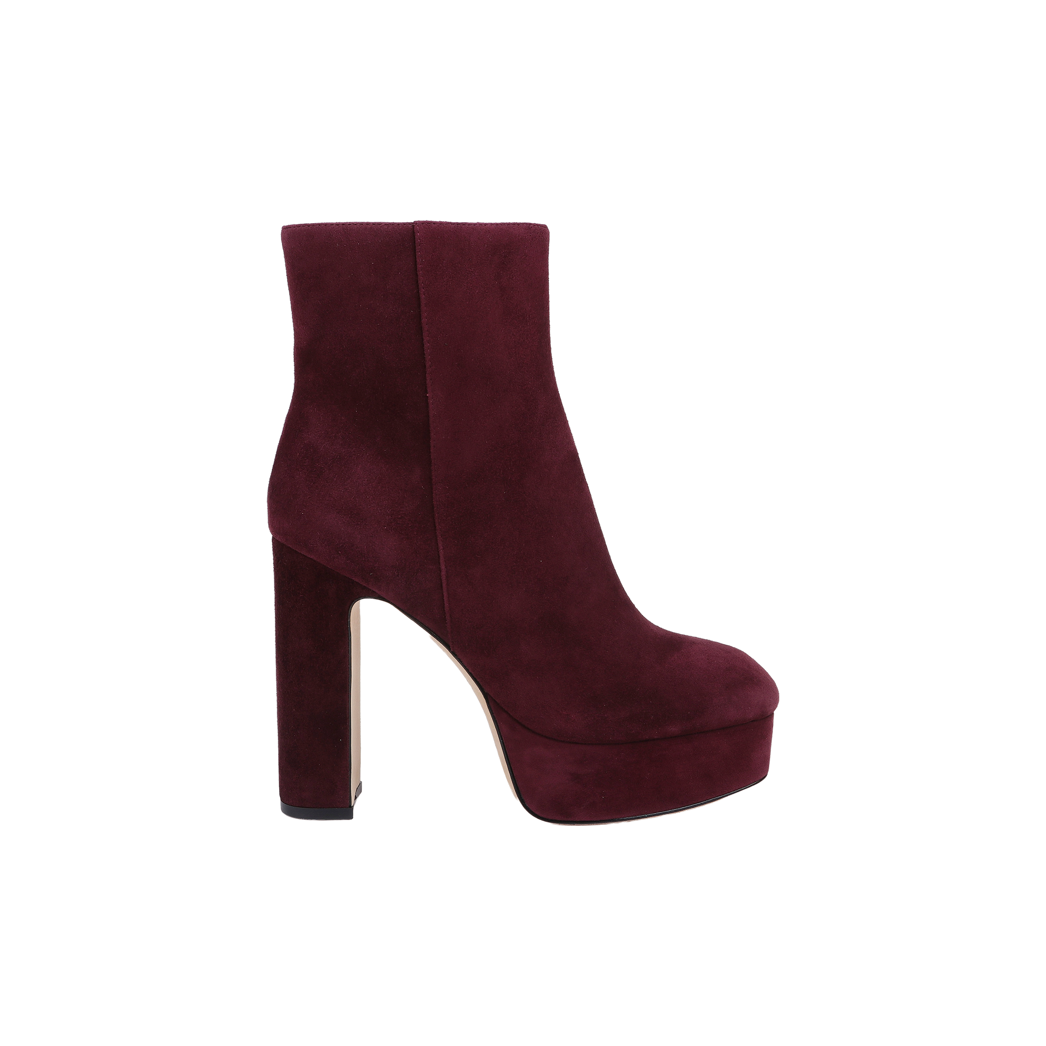 The Soho Bootie, a single burgundy suede shoe with a high block heel and platform sole, is shown in a side view against a plain white background.