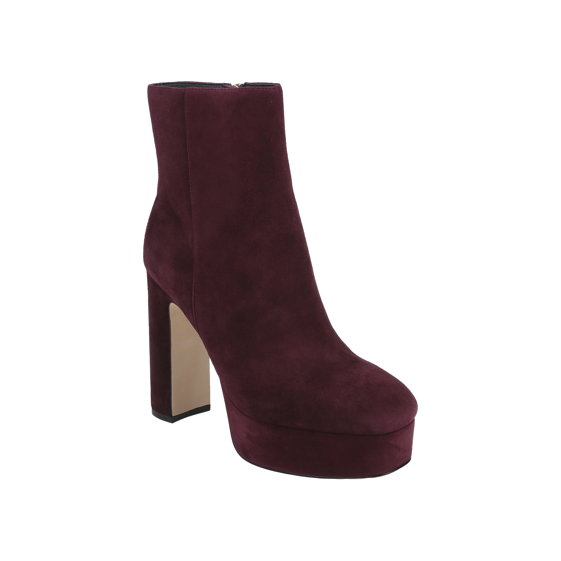 The Soho Bootie, a burgundy velvet platform ankle boot featuring a high block heel, round toe, and side zipper, is displayed on a white background.