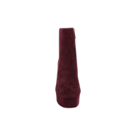 Front view of the Soho Bootie in burgundy suede with a block heel, showcased against a plain white background.