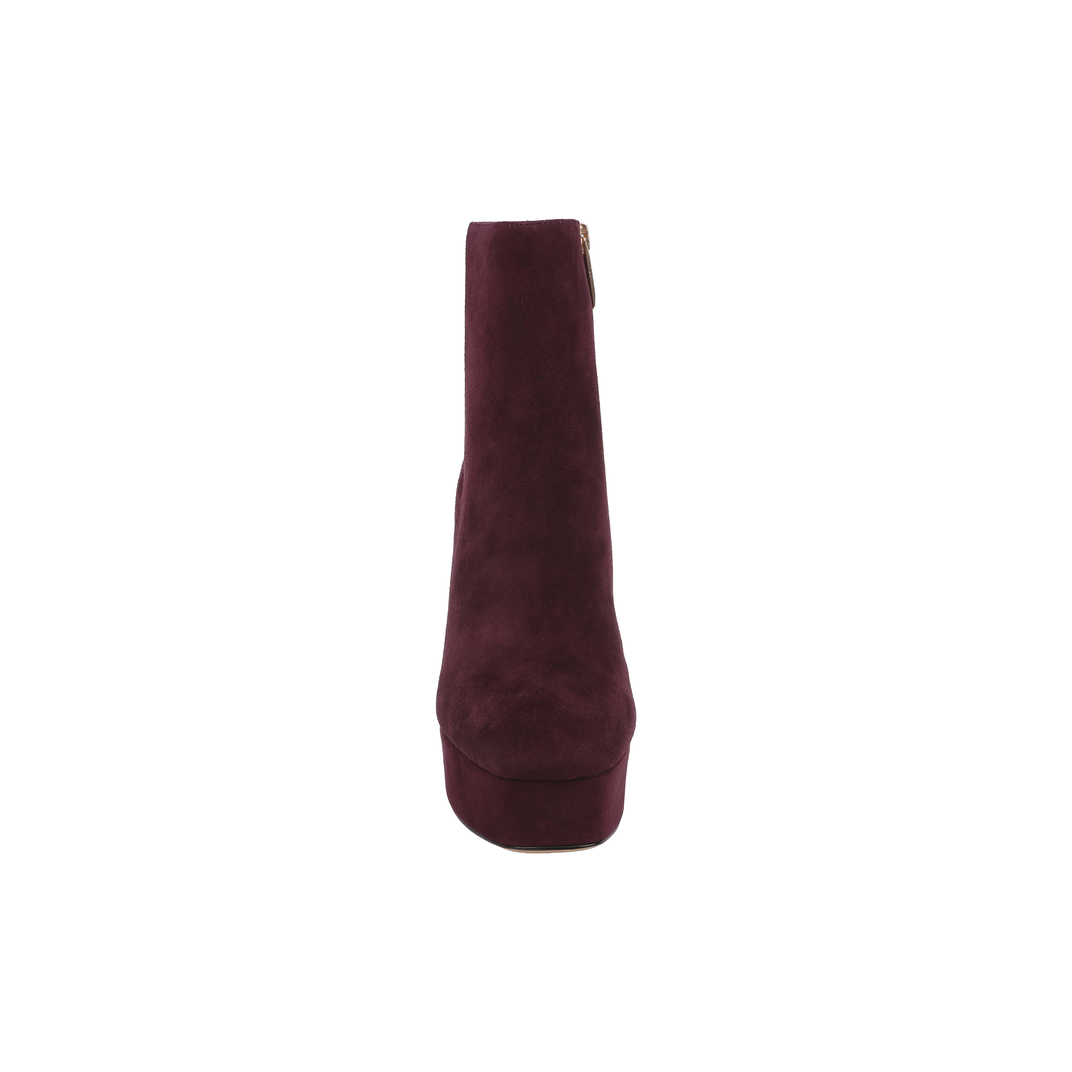Front view of the Soho Bootie in burgundy suede with a block heel, showcased against a plain white background.