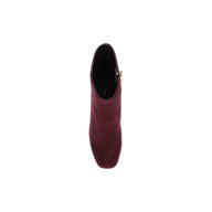Top view of a single Soho Bootie in burgundy suede, featuring a block heel and side zipper, photographed on a plain white background.