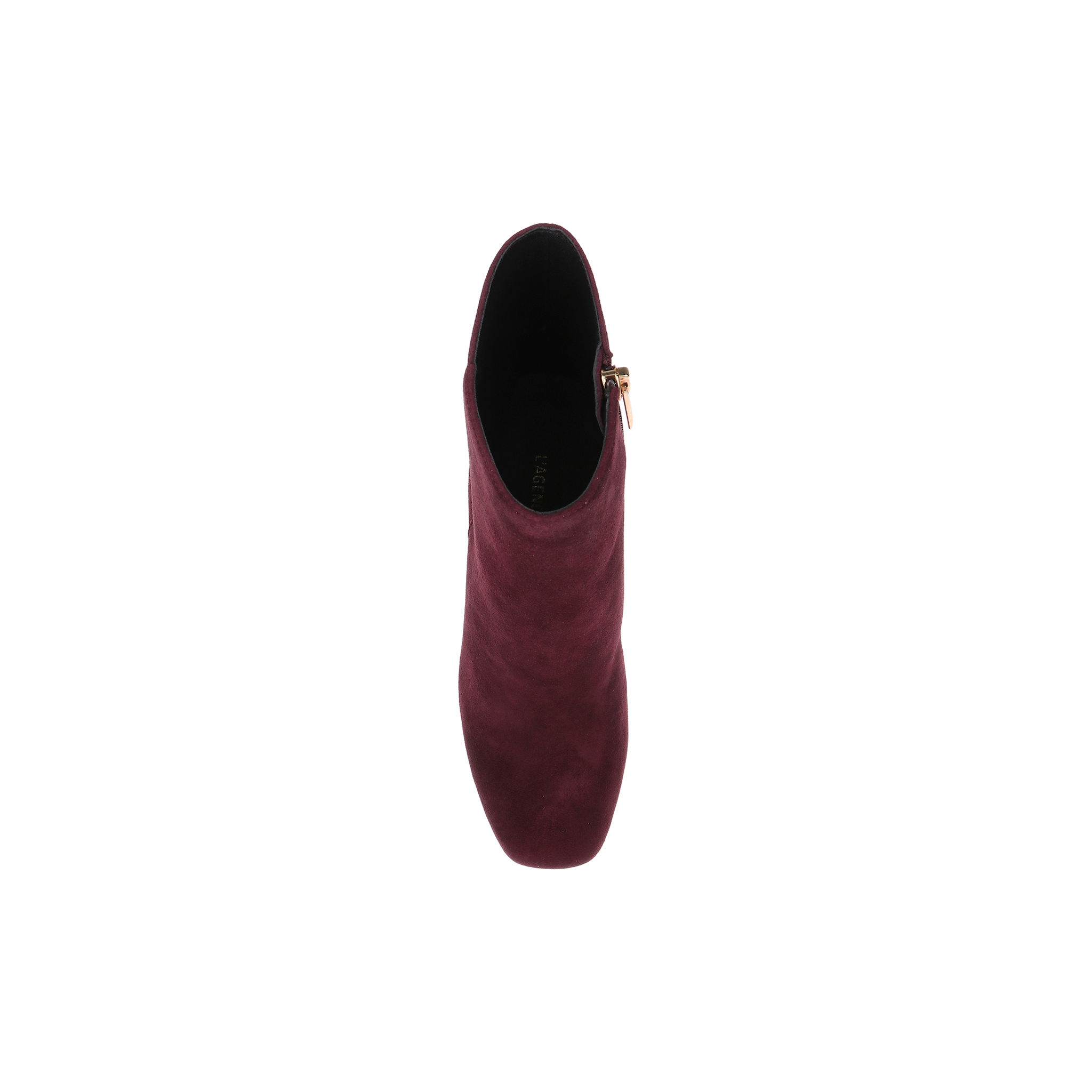 Top view of a single Soho Bootie in burgundy suede, featuring a block heel and side zipper, photographed on a plain white background.