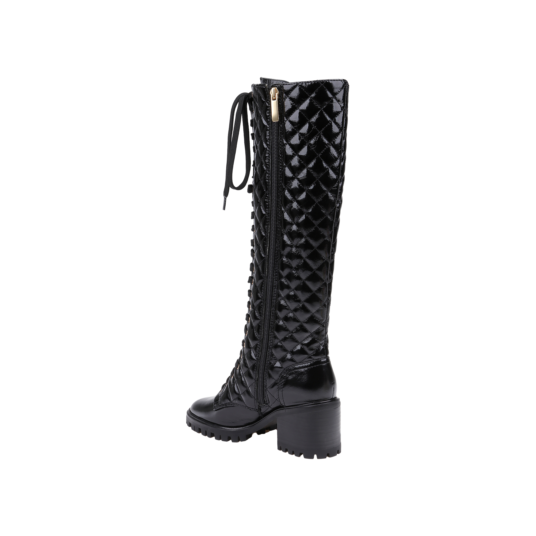 Introducing the Tribeca Boot: This black, knee-high combat boot features glossy patent leather with a diamond-patterned quilted texture. Designed with a chunky block heel, a lace-up front, and a convenient side zipper, the Tribeca Boot is finished with a lugged sole for superior grip.