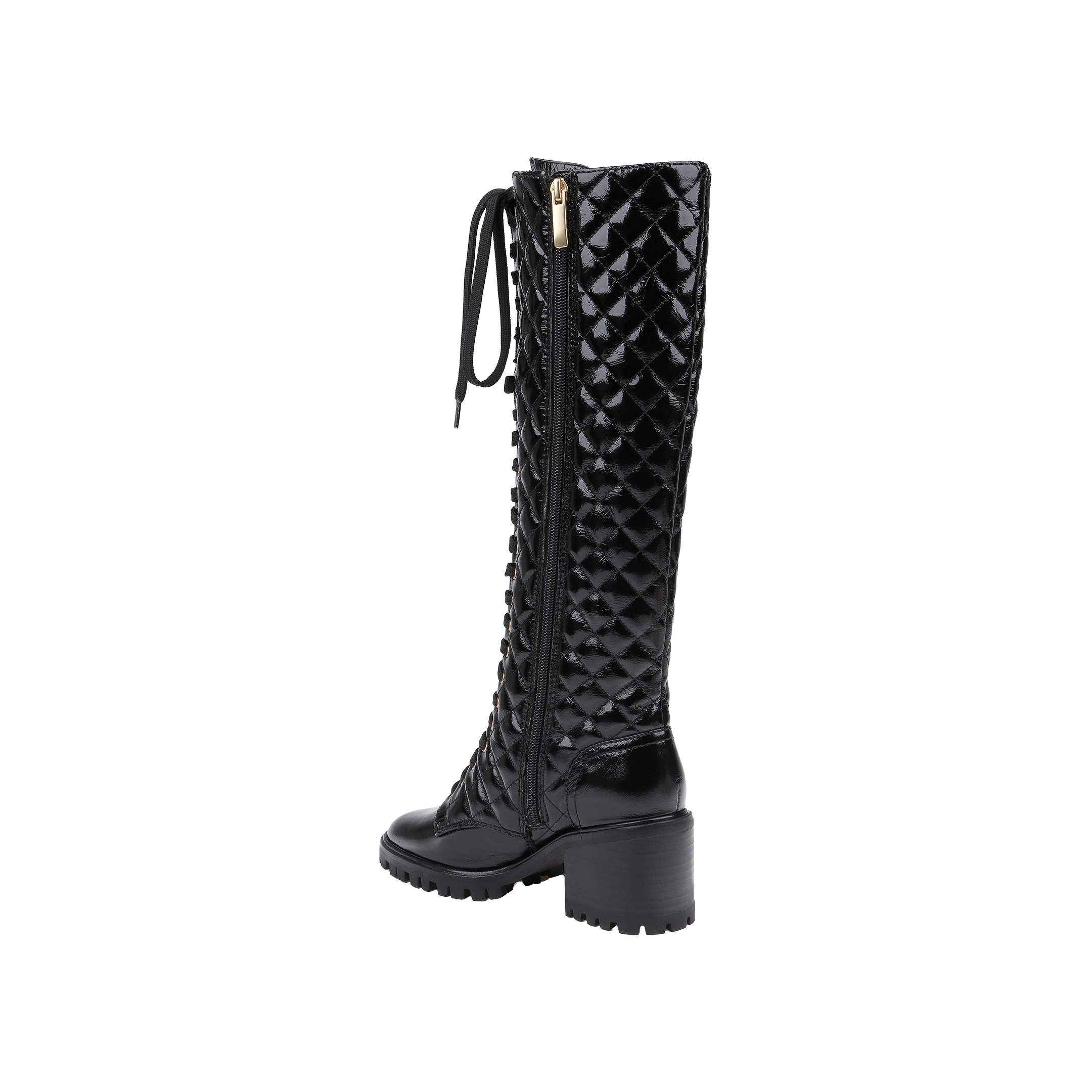 Introducing the Tribeca Boot: This black, knee-high combat boot features glossy patent leather with a diamond-patterned quilted texture. Designed with a chunky block heel, a lace-up front, and a convenient side zipper, the Tribeca Boot is finished with a lugged sole for superior grip.