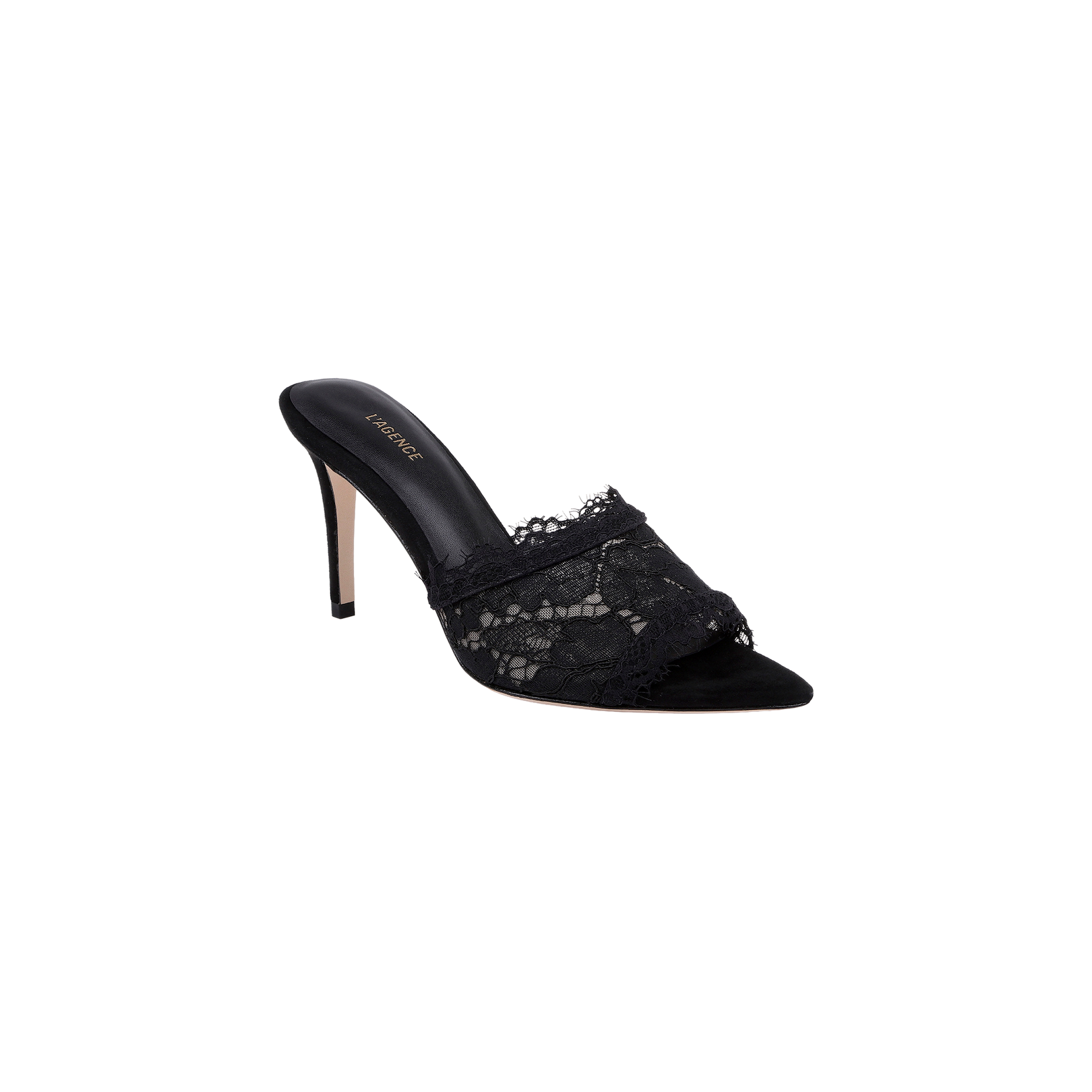 The Penn Mule is a black lace sandal with a pointed toe and an intricate lace overlay on the front strap, set against a plain white background. Its sophisticated design is finished with a sleek stiletto heel.