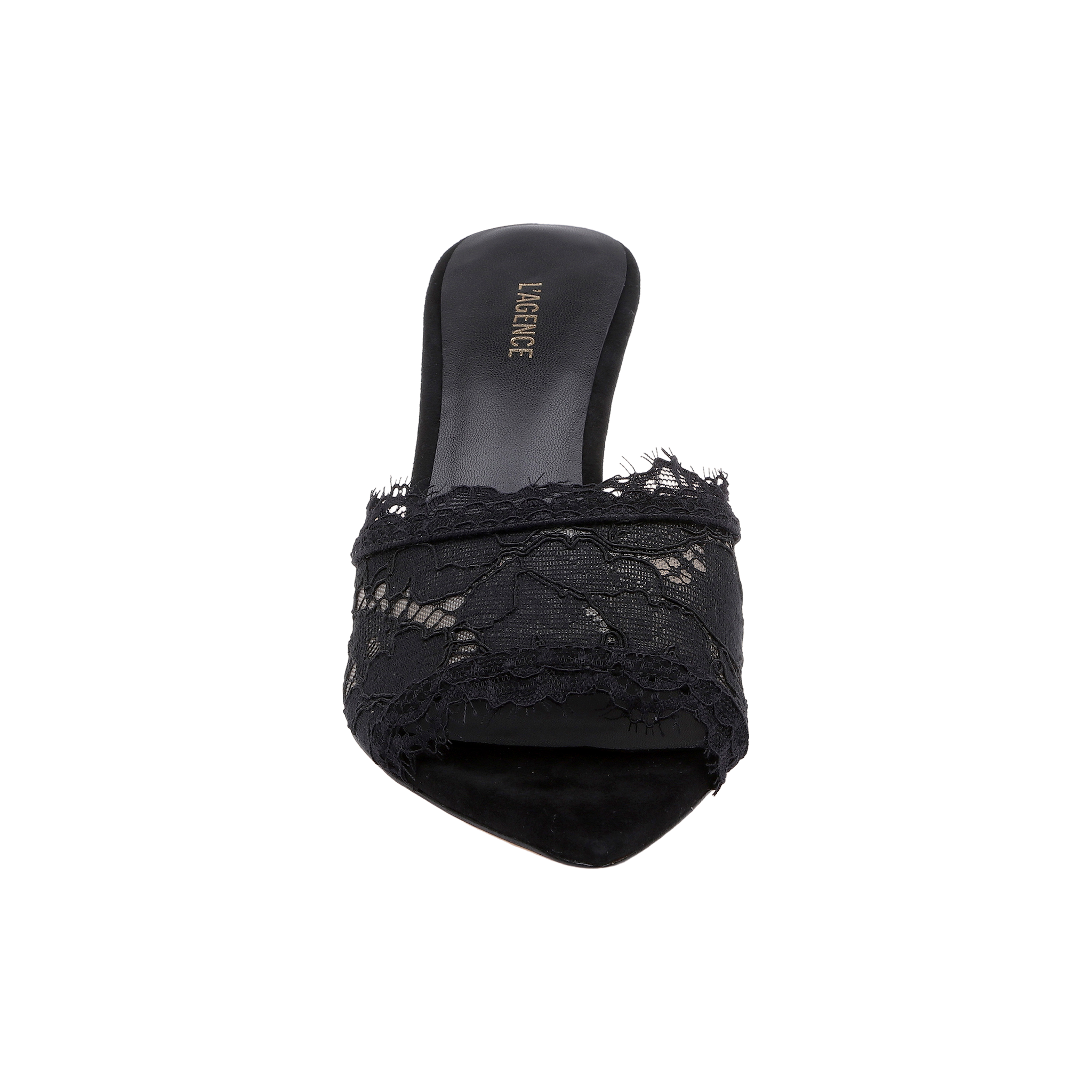 The Penn Mule, viewed from above against a white background, is a black mule featuring a pointed tip, delicate lace detailing over the toe, and a comfortable memory foam insole.