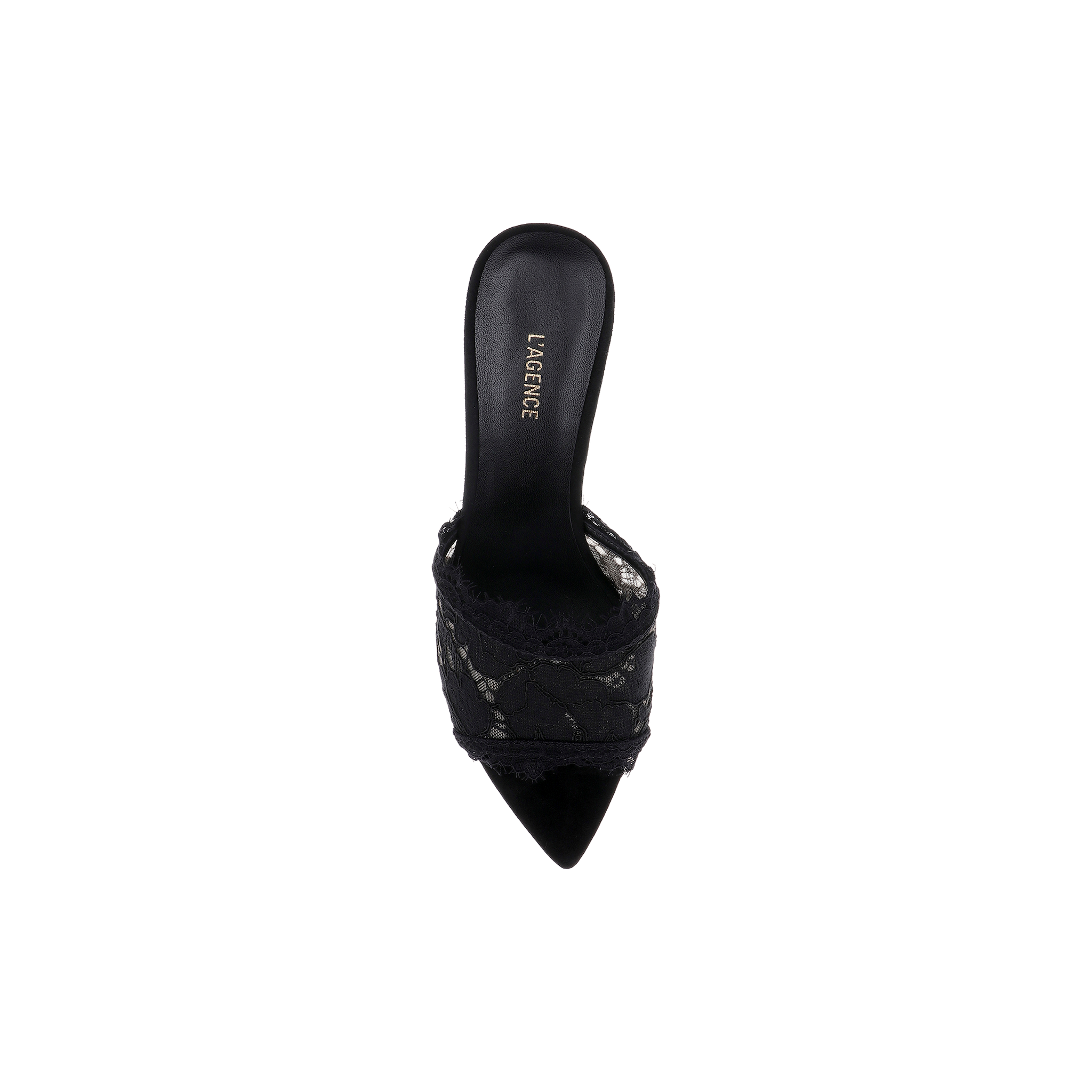 A black lace Penn Mule with a pointed toe, lace overlay, and open back features L’AGENCE branding on the memory foam insole. Shown from above on a white background.
