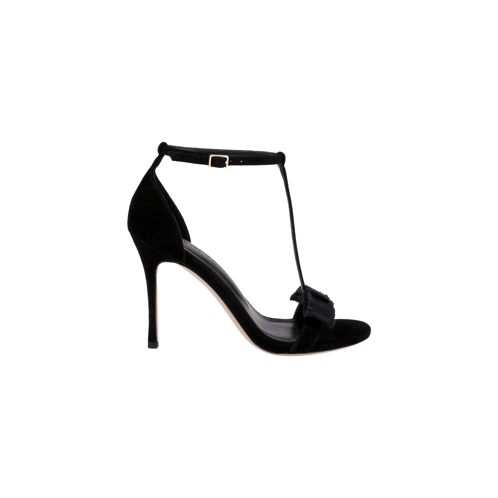 Lerner Sandal in black features a luxe suede upper, a stiletto heel, thin T-strap with an adjustable buckle at the ankle, and an open toe adorned with a small bow detail. Displayed on a plain white background.
