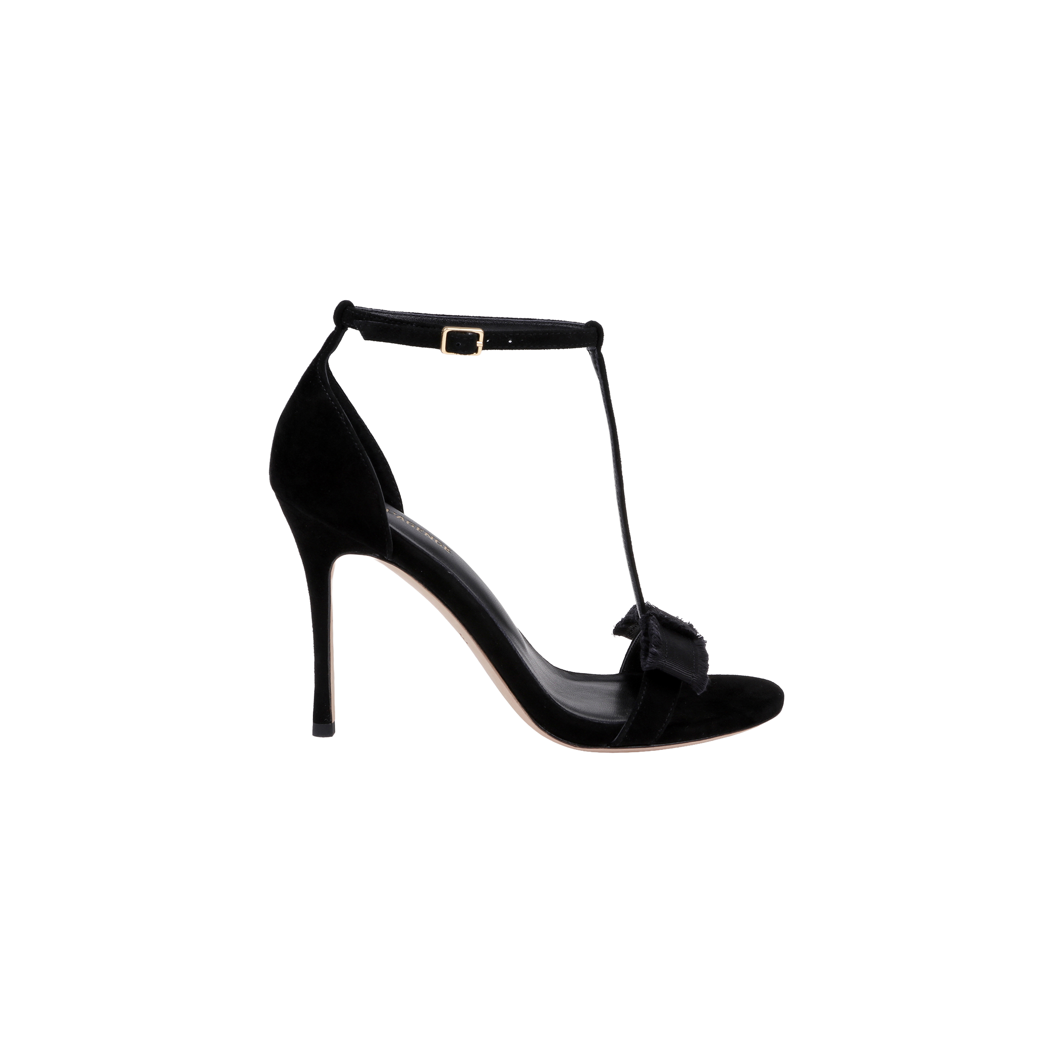 Lerner Sandal in black features a luxe suede upper, a stiletto heel, thin T-strap with an adjustable buckle at the ankle, and an open toe adorned with a small bow detail. Displayed on a plain white background.