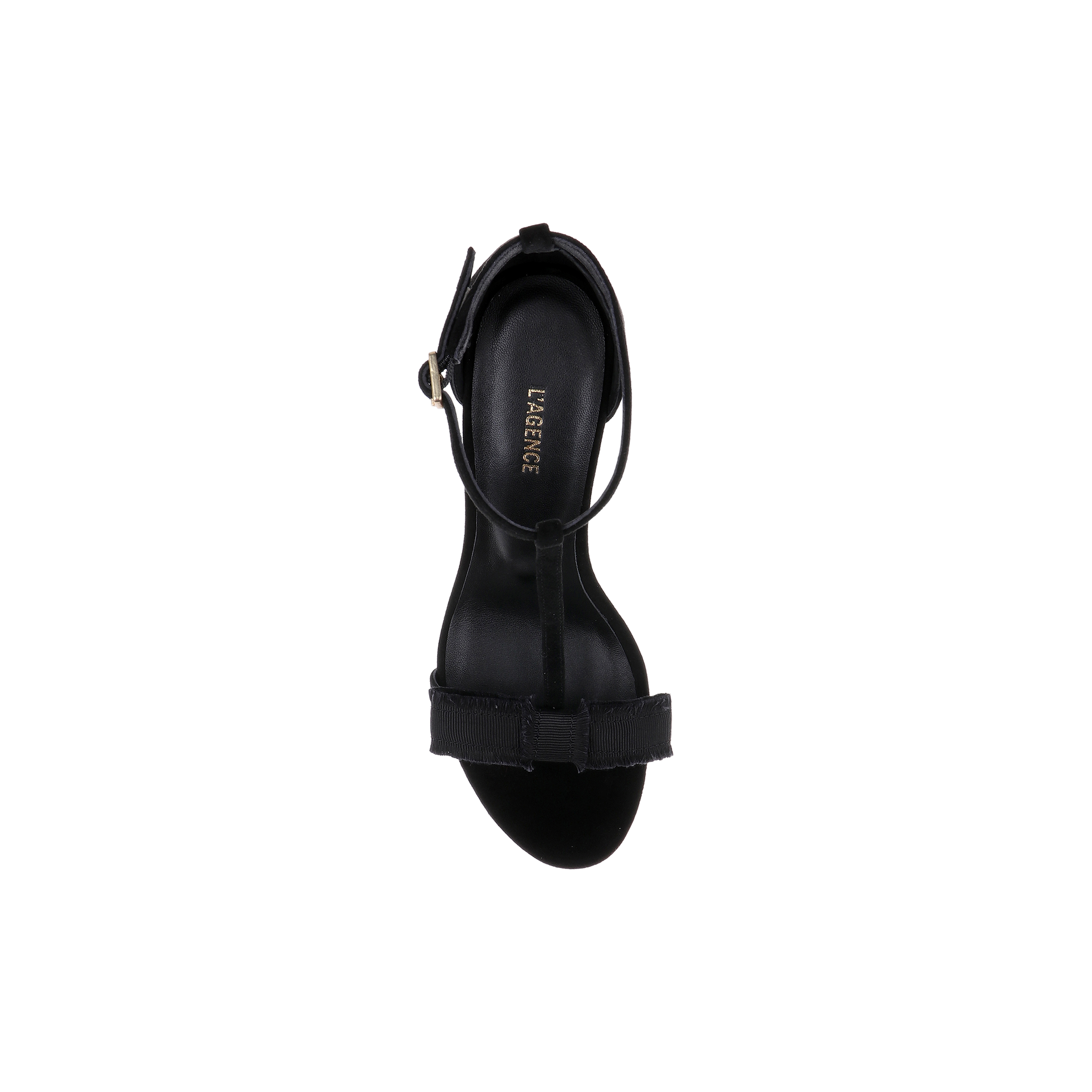 Top view of a single black Lerner Sandal with a suede upper, thin ankle strap, and gold buckle on a plain white background. The insole features the brand name LAREVICYE in gold lettering.