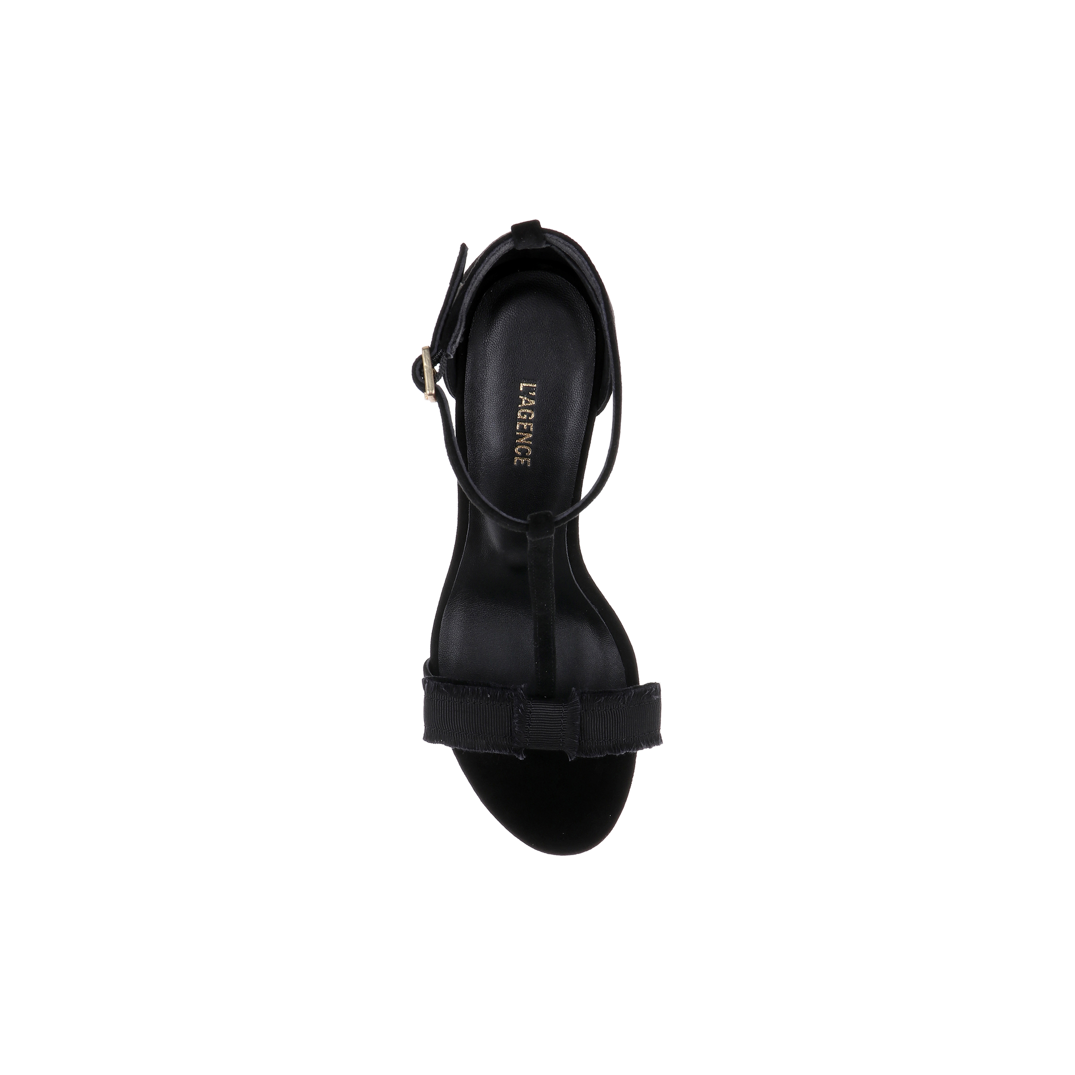 Top view of a single black Lerner Sandal with a suede upper, thin ankle strap, and gold buckle on a plain white background. The insole features the brand name LAREVICYE in gold lettering.