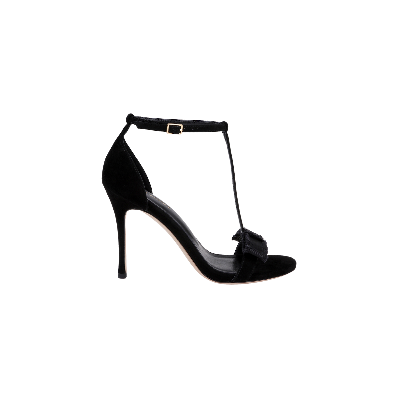 The Lerner Sandal is a black high-heeled T-strap sandal with an ankle strap and stiletto heel, featuring a suede upper, small buckle, and a decorative bow on the open toe, shown on a white background.