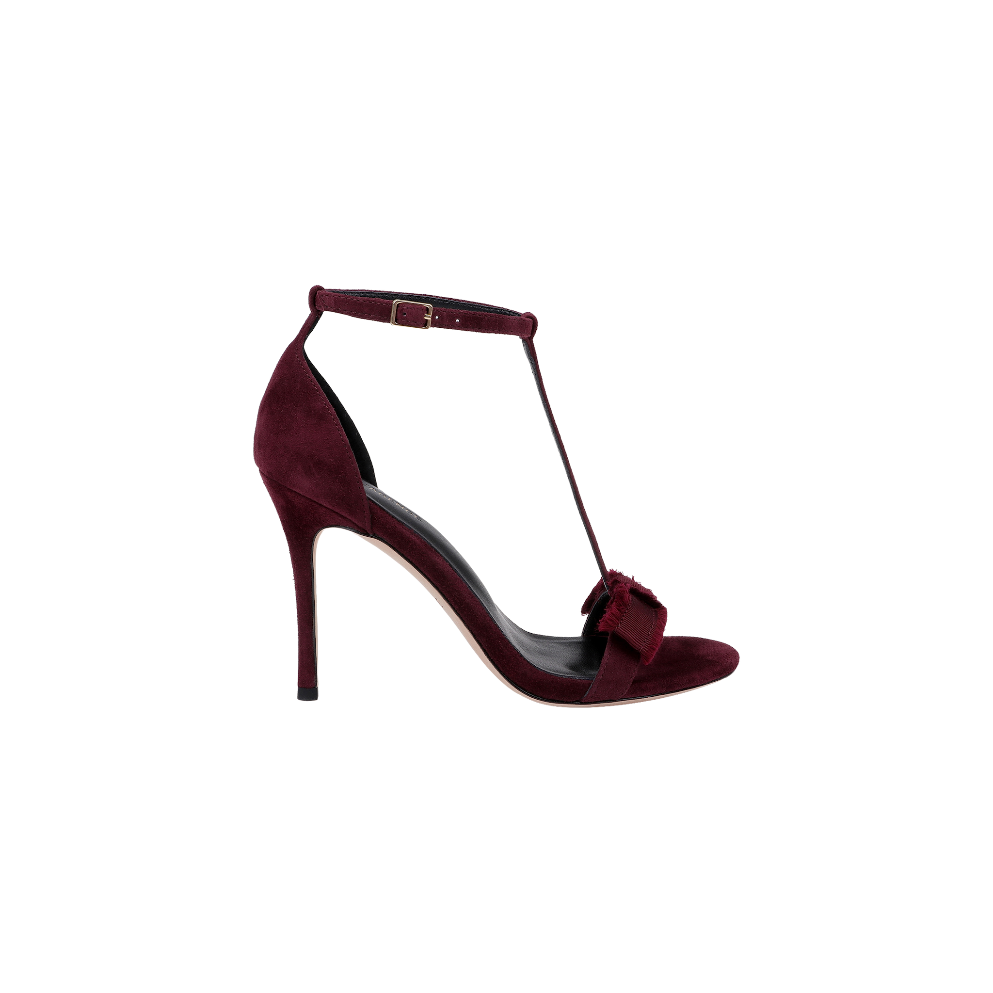 Introducing the Lerner Sandal: a high-heeled stiletto featuring a burgundy suede upper with an ankle strap, T-bar design, and open toe, complete with a decorative bow on the front. This elegant sandal offers both sophistication and style for any occasion.